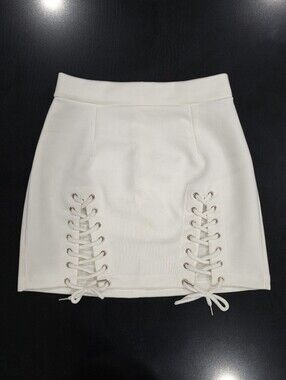 White High Waisted Lace-Up Bodycon Faux Suede Front Split Mini Skirt